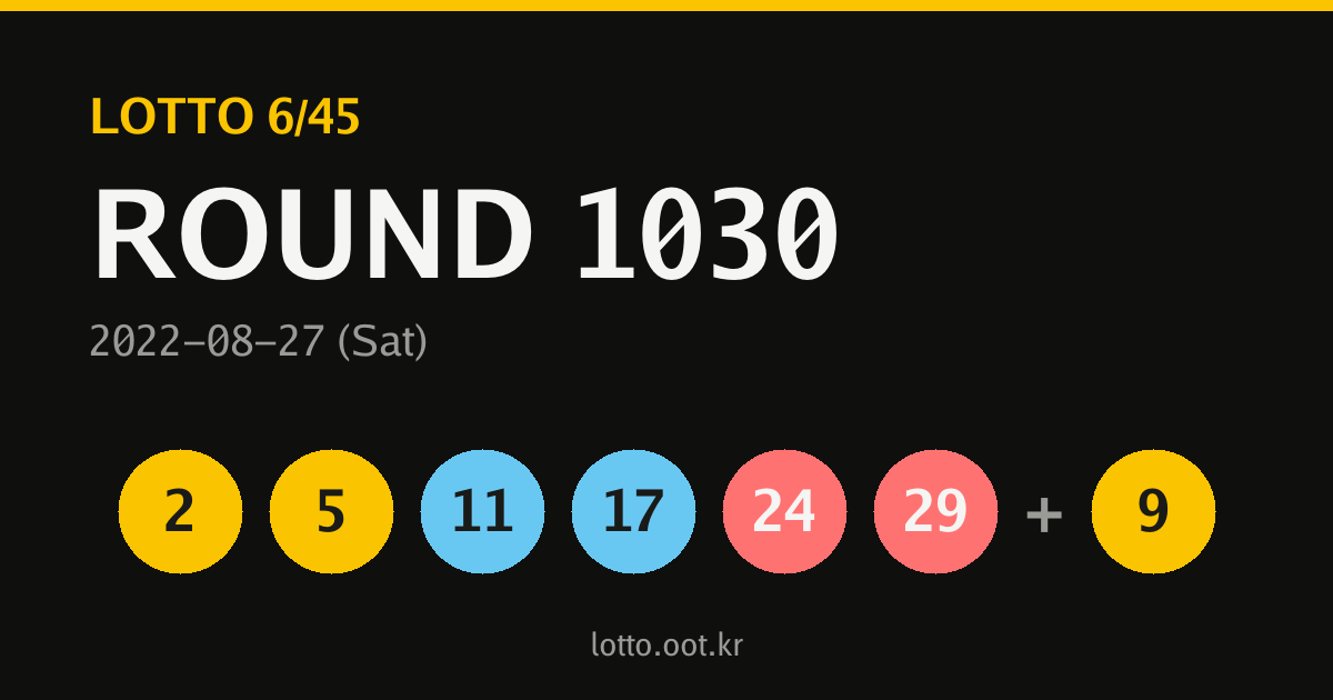 1030회 로또 당첨번호 카드